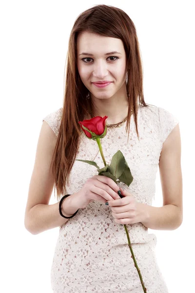 Hübsche junge Frau posiert auf weißem Hintergrund, Valentinstag con — Stockfoto