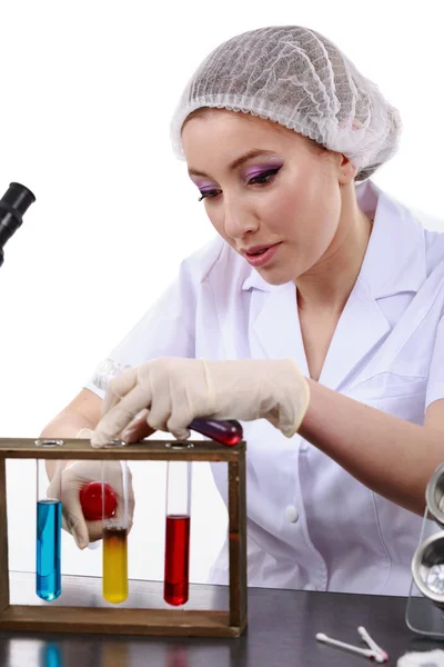 Beautiful woman scientist in the lab perform various operations — Stock Photo, Image
