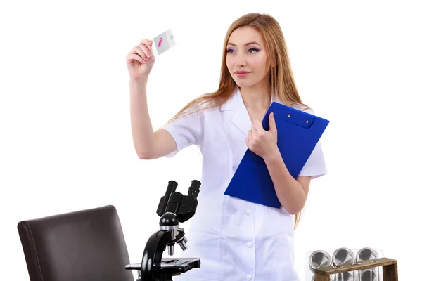 Beautiful woman scientist in the lab perform various operations — Stock Photo, Image