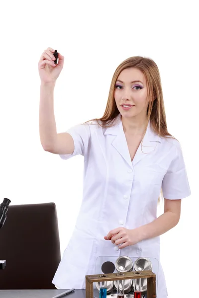 Beautiful woman scientist in laboratory write something — Stock Photo, Image