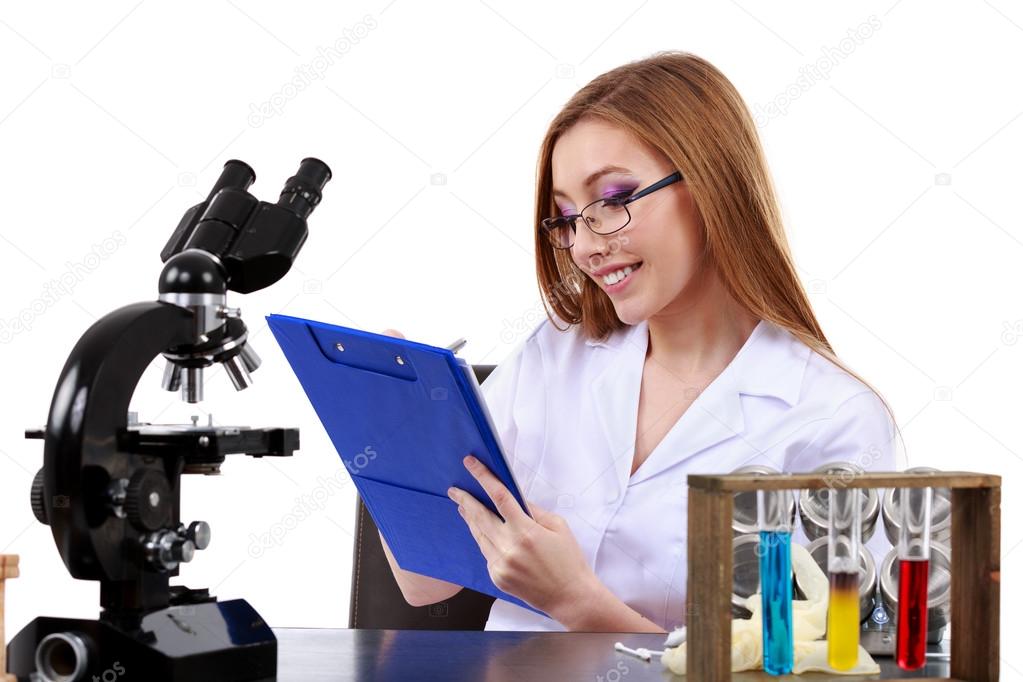 beautiful woman scientist in the lab perform various operations