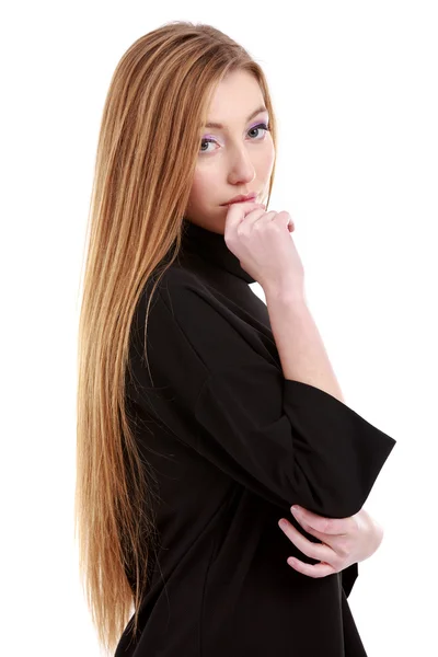 Krásná žena s dlouhými vlasy izolovaných na bílém pozadí — Stock fotografie