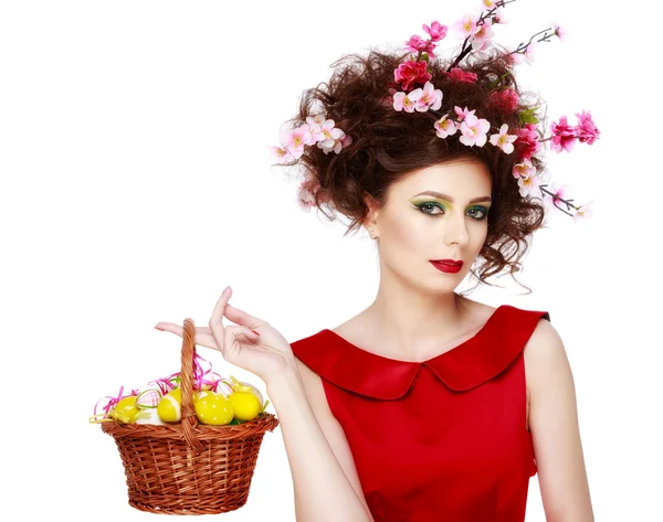 Easter Woman. Spring Girl with Fashion Hairstyle. Portrait of Be — Stock Photo, Image