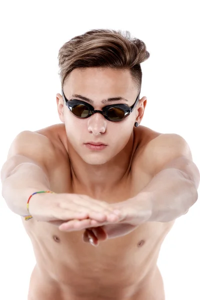 Perfil de joven atleta caucásico nadador con gafas en sta —  Fotos de Stock