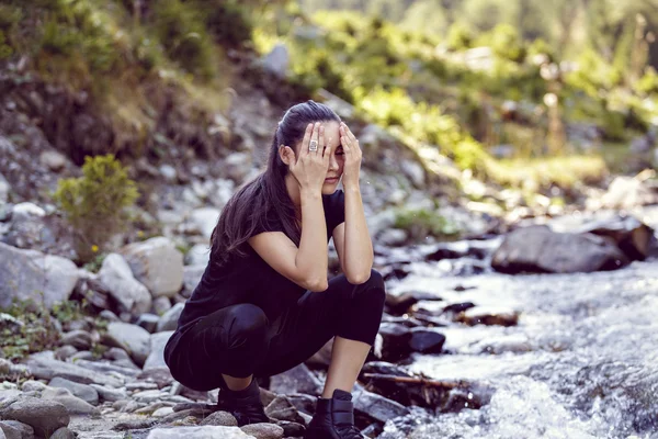 Young Asian woman hiker by the river, outdoors activities — Stock Photo, Image