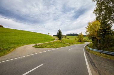 Sonbahar boyunca renkli ağaçlarla dolu bir dağ yolu.