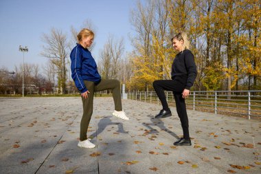 İki orta yaşlı kadın bir sonbahar sabahı parkta ısınma egzersizi yapıyor.