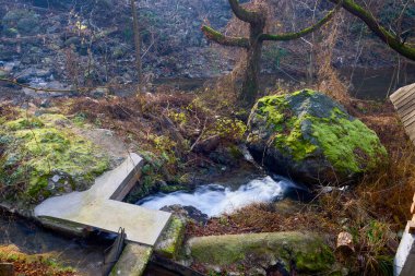 Romanya 'daki Almaj Vadisi' nin manzarası, Rudaria su değirmenleri ve dağ nehri.