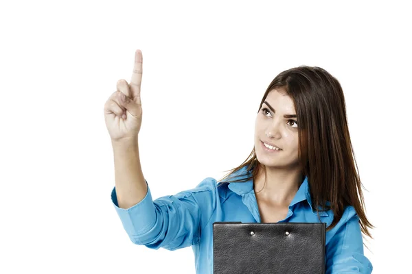 Mujer de negocios mostrando en copyspace. Blanco aislado . — Foto de Stock