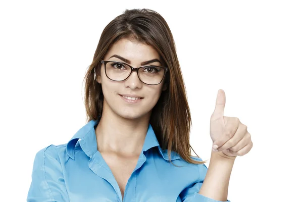 Feliz sorrindo alegre jovem mulher de negócios com gesto ok, i — Fotografia de Stock