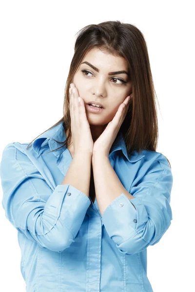 Portrait of a beautiful young business woman thinking against — Stock Photo, Image