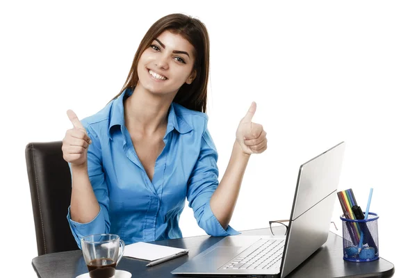 Feliz sorrindo alegre jovem mulher de negócios com gesto ok, i — Fotografia de Stock