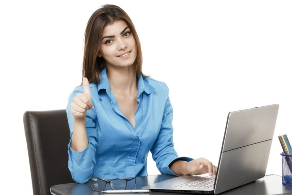 Happy smiling cheerful young business woman with okay gesture, i Stock Picture