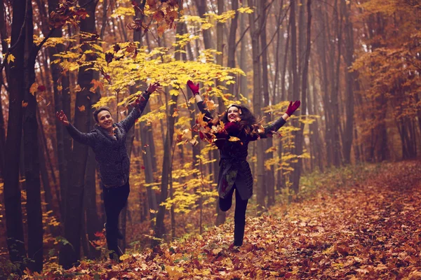 Retrato de pareja disfrutando de la temporada de otoño dorado — Foto de Stock