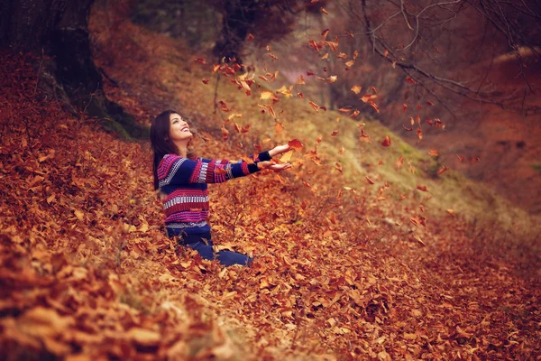 Φθινόπωρο γυναίκα που βρίσκεται πέρα από τα φύλλα και χαμογελαστό, κορυφαία άποψη — Φωτογραφία Αρχείου