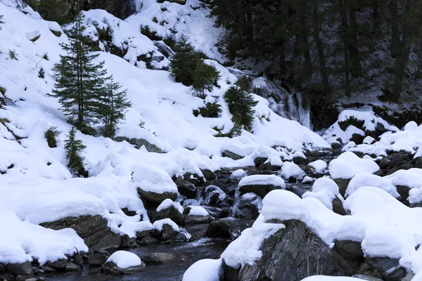 山区河流在冬天阳光明媚的日子。美丽的冬天景观 — 图库照片
