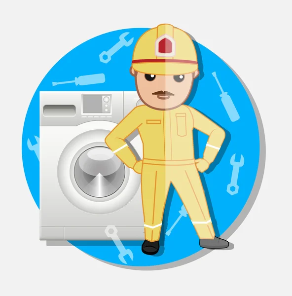 Cartoon Serviceman per la riparazione della lavatrice — Vettoriale Stock