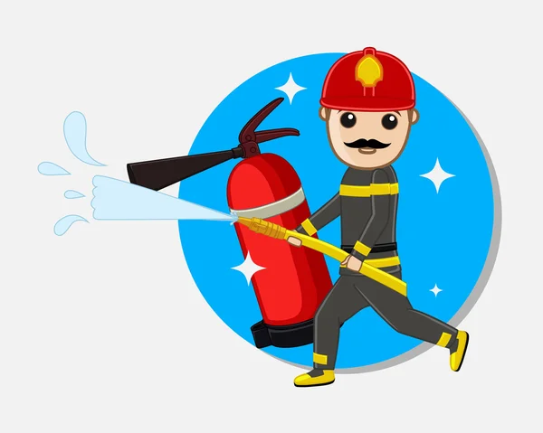 Cartoon Fireman Holding a Fire Hose with Fire Extinguisher — Stock Vector