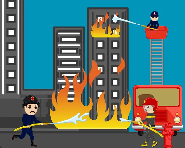 Bombeiros tentando resgatar o prédio em chamas — Vetor de Stock