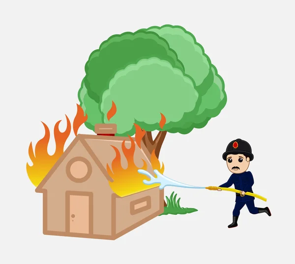 Bombero corriendo con manguera de fuego para rescatar la casa incendiada — Vector de stock