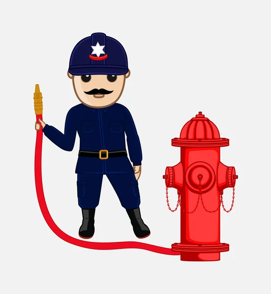 Kreslený hasič drží hydrantu vodovodního potrubí — Stockový vektor