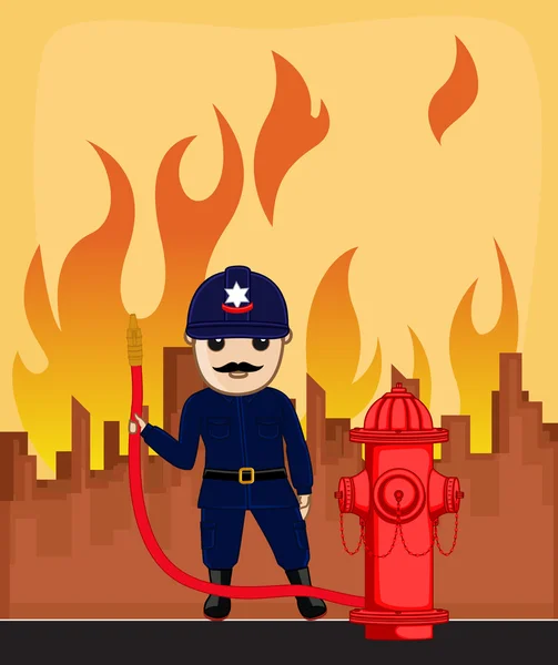 Carácter de bombero sosteniendo una manguera de fuego de hidrante — Vector de stock