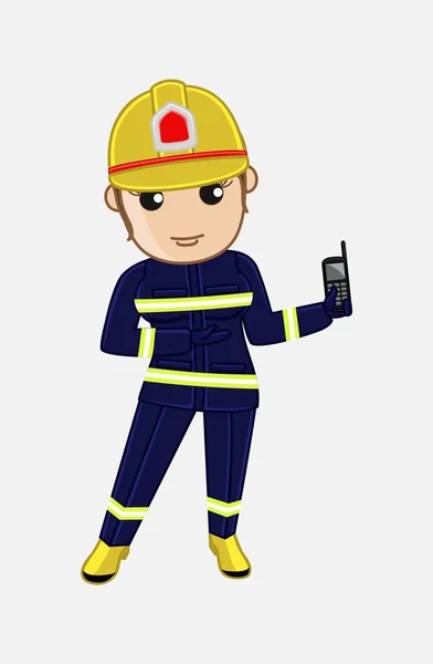 Cartoon weibliche Feuerwehr zeigt ein Handy - kontaktieren Sie uns — Stockvektor