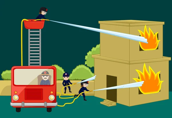 Regu Pemadam Kebakaran mencoba menyelamatkan Rumah Membakar - Stok Vektor
