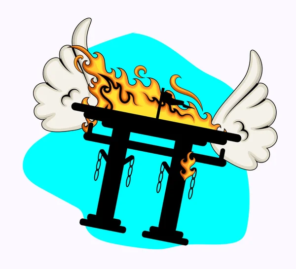 Puerta de Torii ardiendo volando con alas — Vector de stock