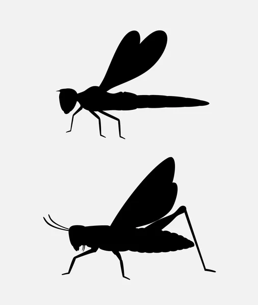 Grasshopper and Dragonfly Silhouettes — Stock Vector