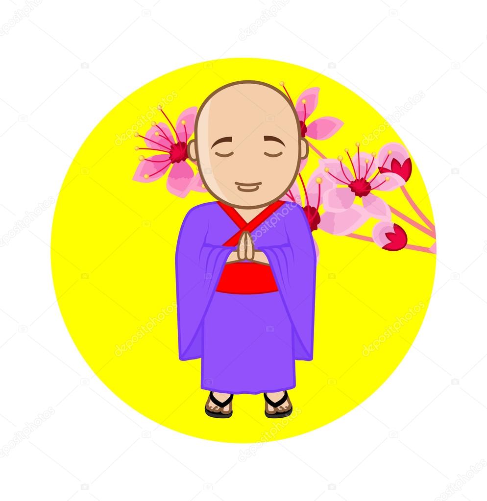 Japanese Monk on Flowers Background