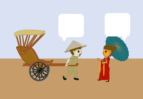 Japonais Geisha voyage en main tiré rickshaw — Image vectorielle