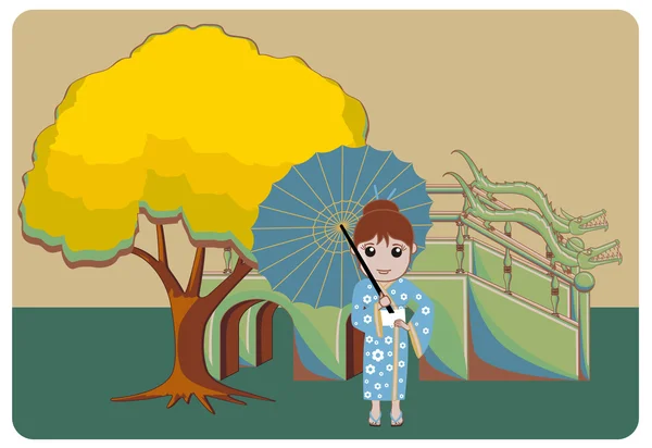 古代の傘で東洋芸者ベクトル イラスト — ストックベクタ
