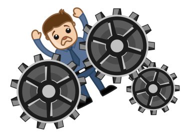 Man Stucked in Gears - Process Project - Vector Character Cartoon Illustration clipart
