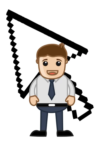 Pixel Screen Arrow Behind a Cartoon Office Man — Stock Vector