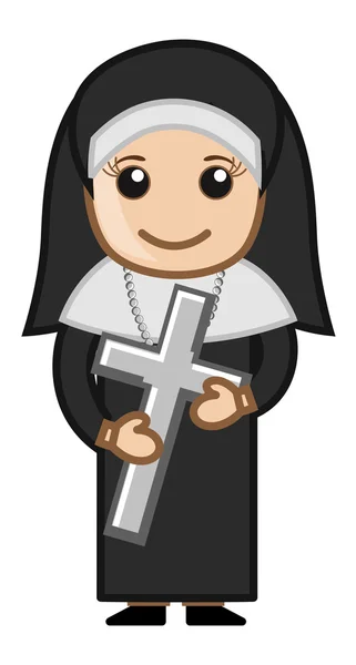 Nun houden Heilige Kruis - vector teken cartoon illustratie — Stockvector