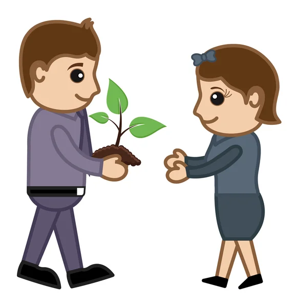 Man Gifting a Baby Plant - ilustração dos desenhos animados de caráter vetorial —  Vetores de Stock