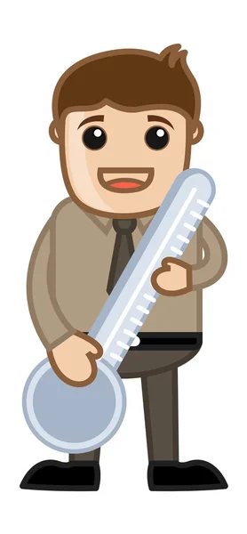 Szczęśliwy człowiek trzyma termometr do pomiaru temperatury — Wektor stockowy