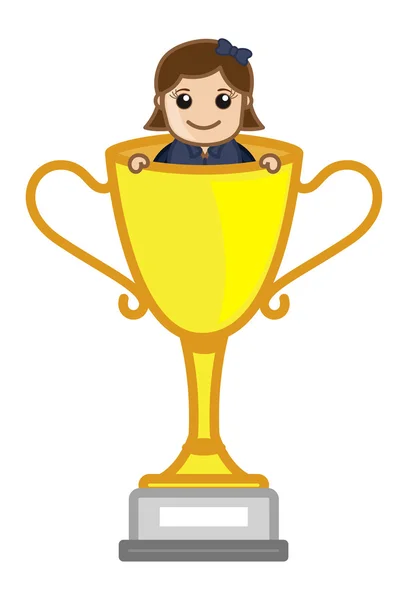 Cartoon Vector Character - Female in Winning Cup — Stock Vector