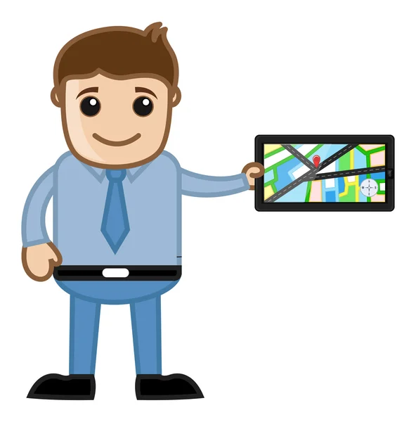 Showing GPS Navigation System - Cartoon Vector Man — Stock Vector