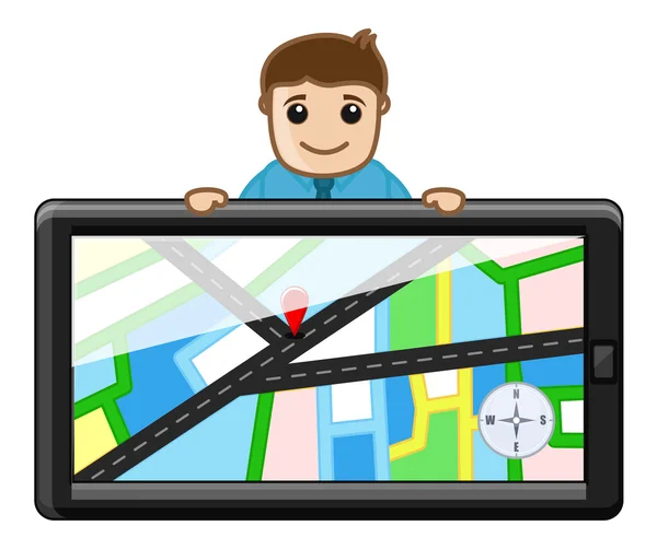 Uomo dietro il sistema di dispositivi GPS - Concetto mappe — Vettoriale Stock