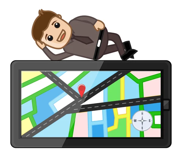 Uomo posa sul dispositivo di navigazione mappa GPS - Vettore dei cartoni animati — Vettoriale Stock