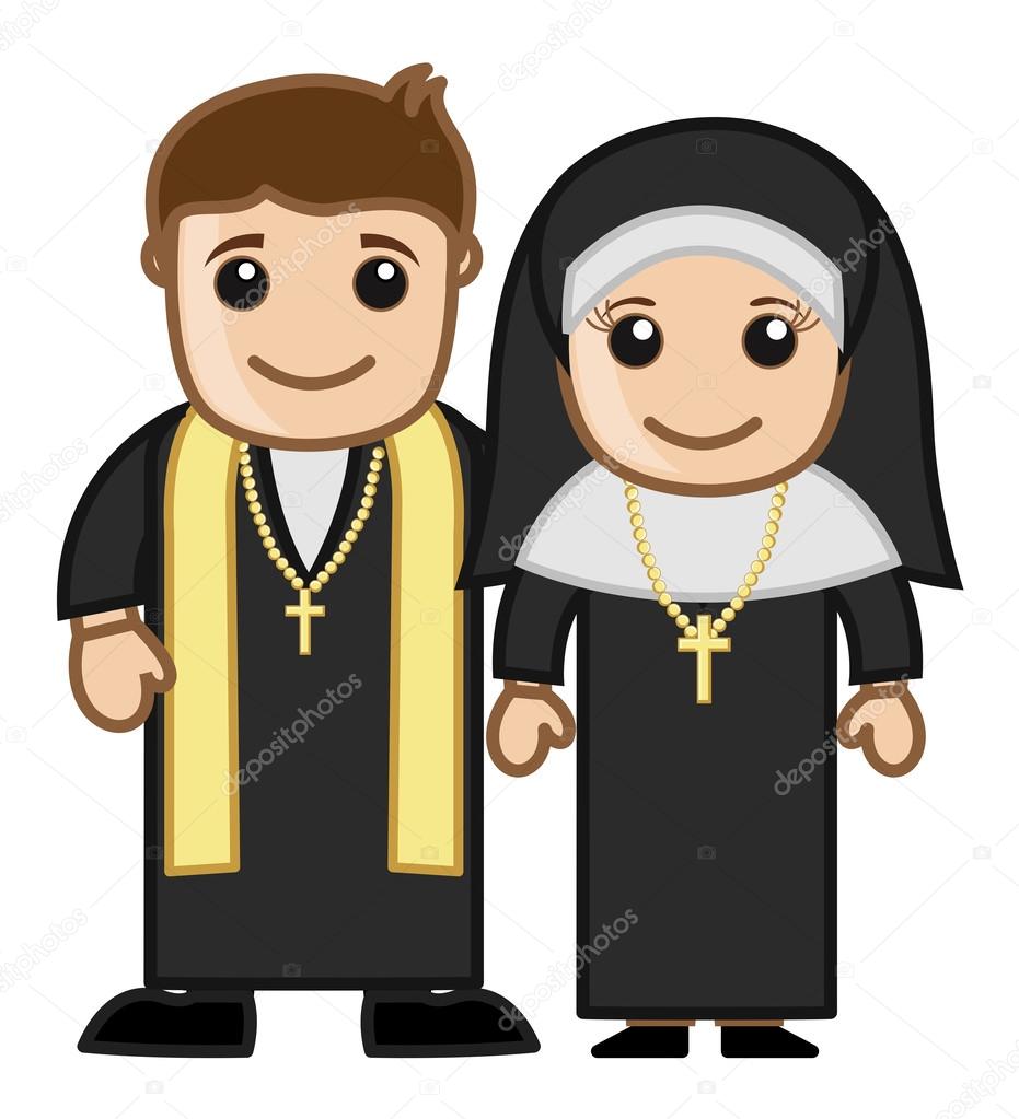 Priest and Nun - Vector Character Cartoon Illustration