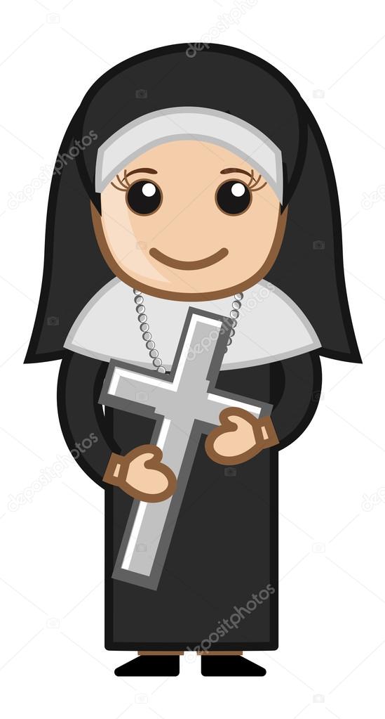 Nun Holding Holy Cross - Vector Character Cartoon Illustration