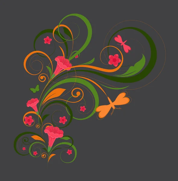 Elementos florales decorativos con mariposa — Vector de stock