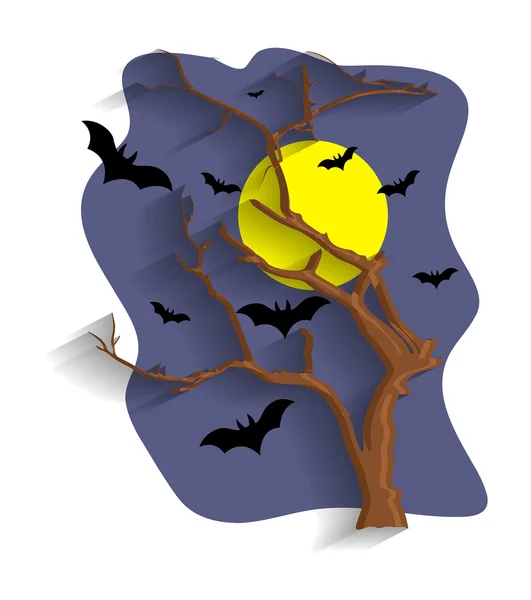 Noche de Halloween con murciélagos y árbol muerto — Vector de stock