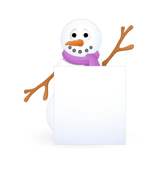 Caricatura muñeco de nieve con tablero en blanco — Vector de stock