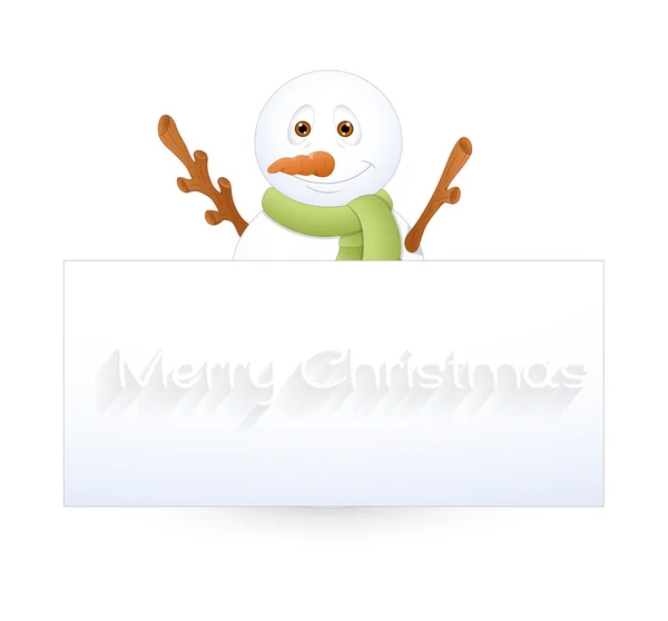 Muñeco de nieve feliz con banner de anuncio en blanco — Vector de stock