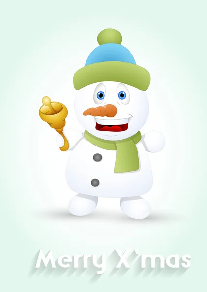 Boneco de neve feliz com sino dourado — Vetor de Stock