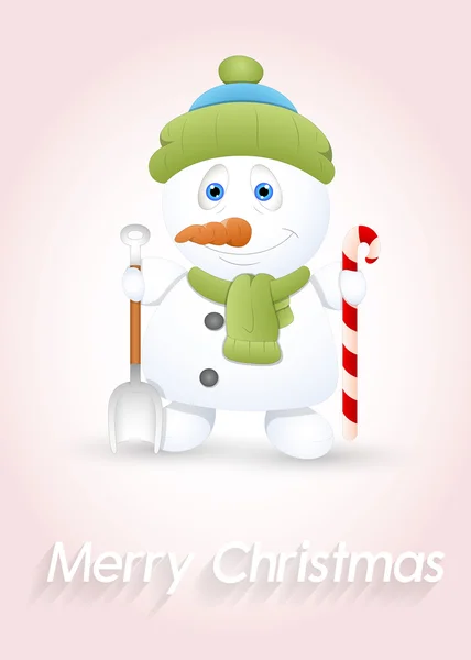 Small Snowman with Spade and Candy Cane — Stock Vector